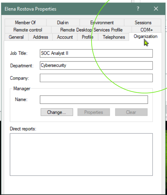 Elena Rostova Properties window in ADUC showing updated Organization tab